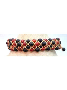 Black & Red Beaded Woven Bracelet - Adjustable